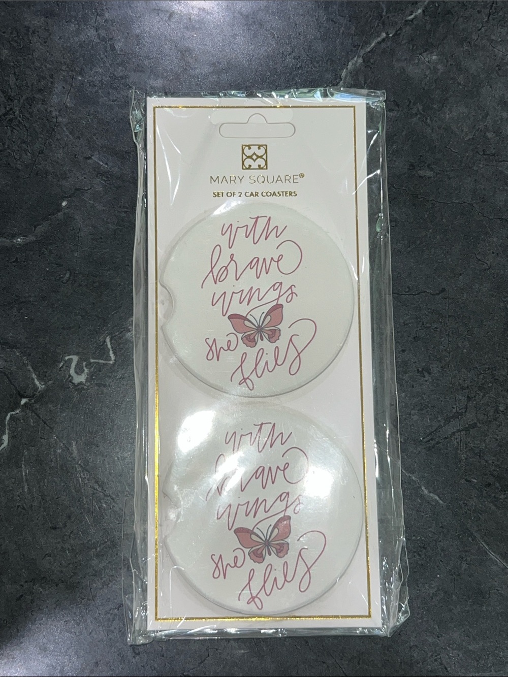 Mary Square Pink Butterfly Car Coaster Set - With Brave Wings She Flies